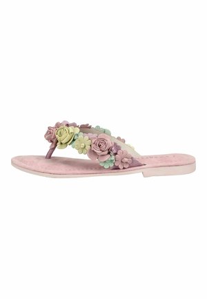 Sandale plate rose avec des décorations florales 3D vertes, jaunes et pourpres sur les brides et un design avec une lanière d'orteil.