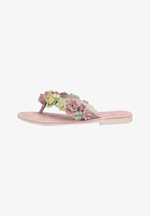Sandalo rosa piatto con decorazioni floreali 3D verdi, gialle e viola sulle cinghie e design con laccetto tra le dita.