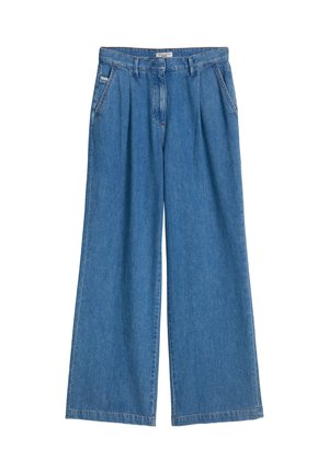 Modré široké rifle s prednými záhybmi, bočnými vreckami, pútkami na opasok a zapínaním na zips.