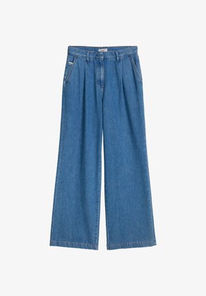 Zilas džinsa plata piegriezuma bikses ar priekšu krokotām krokām, sānu kabatām, jostas cilpām un rāvējslēdzēja aizdari uz priekšu.