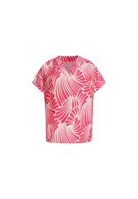 Short-sleeve top in white with a bold pink wave pattern, v-neck design, and relaxed fit, crafted from lightweight fabric.