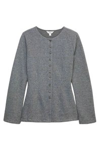 Szary kardigan z domieszką wełny, z okrągłym dekoltem, długimi rękawami i dziewięcioma guzikami z przodu. Miękka faktura i dopasowany krój.