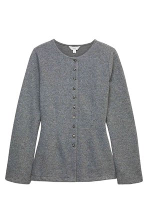 Cárdigan gris de mezcla de lana con escote redondo, mangas largas y nueve botones en la parte delantera. Textura suave y diseño ajustado.