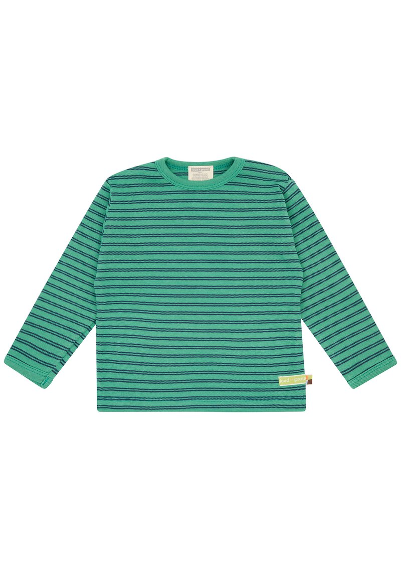 Grünes langärmeliges Hemd mit schwarzen horizontalen Streifen, Rundhalsausschnitt und einem Etikett unten links. Weicher Stoff mit strukturierter Oberfläche.