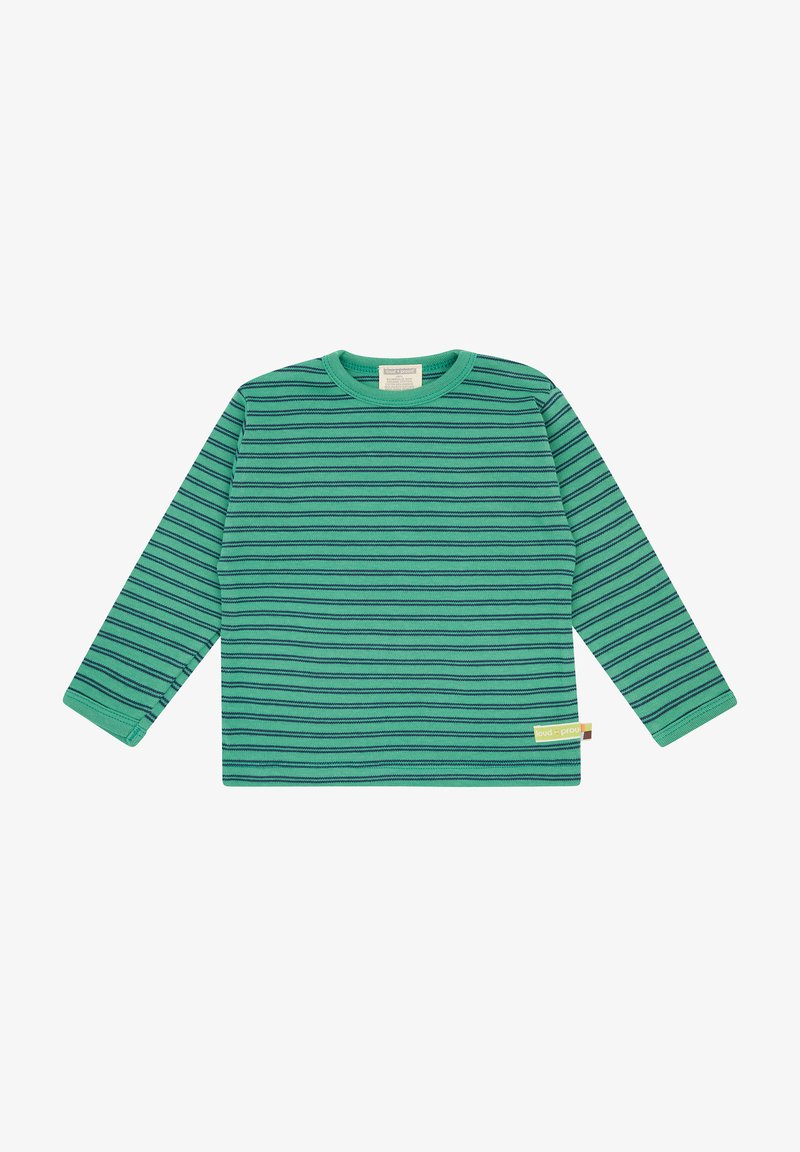 Grünes langärmeliges Hemd mit schwarzen horizontalen Streifen, Rundhalsausschnitt und einem Etikett unten links. Weicher Stoff mit strukturierter Oberfläche.