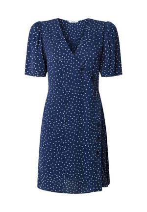 Abito navy con maniche corte a sbuffo, design a portafoglio, pois bianchi e chiusura laterale con bottoni. Tessuto morbido con una texture leggera.