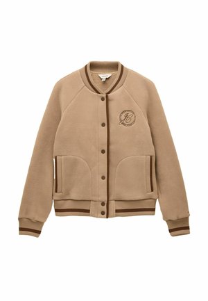 Beige Fleece-Bomberjacke mit braunem Besatz, Druckknopfverschluss, zwei vorderen Taschen, gerippten Bündchen, Saum und Kragen sowie aufgesticktem Logo auf der Brust.