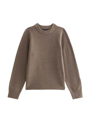 Jersey marrón de manga larga con cuello redondo, puños y bajo acanalados, hecho de tejido suave de punto.