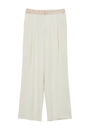 Wide-leg cream trousers with side pockets and a beige satin waistband detail, designed for a loose, comfortable fit.