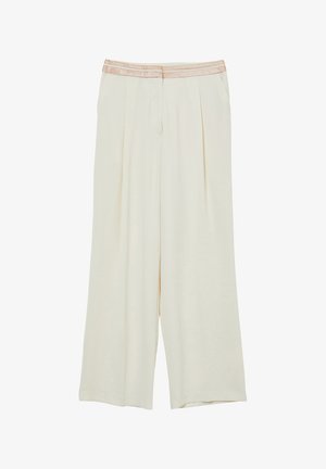 Pantaloni crema a gamba larga con tasche laterali e dettaglio in satin beige in vita, progettati per un fit ampio e confortevole.