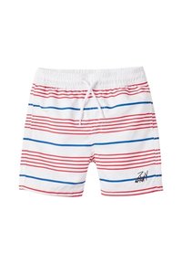 I costumi da bagno da uomo presentano una base bianca con strisce orizzontali rosse e blu, una vita elastica con cordino e un dettaglio logo laterale.
