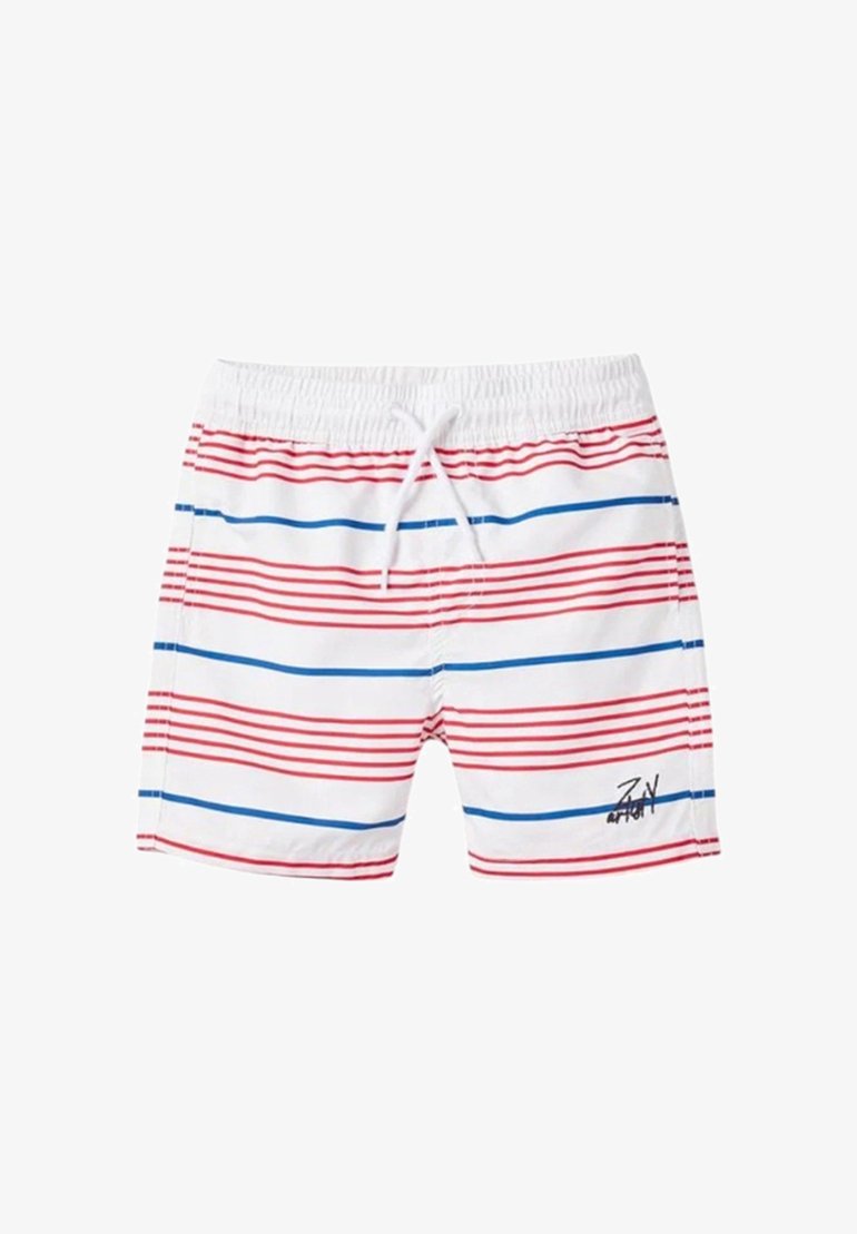 I costumi da bagno da uomo presentano una base bianca con strisce orizzontali rosse e blu, una vita elastica con cordino e un dettaglio logo laterale.