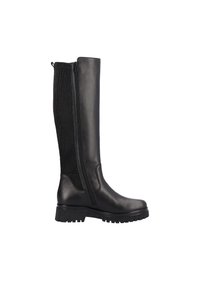 Bottes noires montantes en cuir lisse à l'avant et en tissu côtelé à l'arrière. Équipées d'une fermeture éclair latérale et d'une semelle épaisse et texturée.