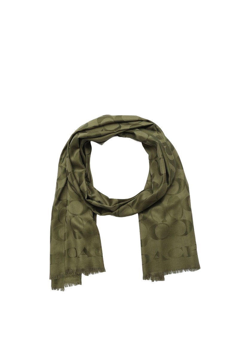 Foulard verde oliva realizzato in tessuto morbido, caratterizzato da un motivo sottile, con bordi frangiati e un design leggero e avvolgente.