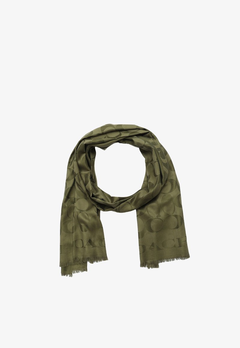 Foulard verde oliva realizzato in tessuto morbido, caratterizzato da un motivo sottile, con bordi frangiati e un design leggero e avvolgente.