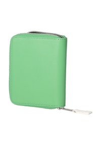 Porte-monnaie vert avec zip, fabriqué en matériau synthétique lisse, de forme rectangulaire, avec des éléments en métal argenté et une tirette de fermeture éclair blanche.