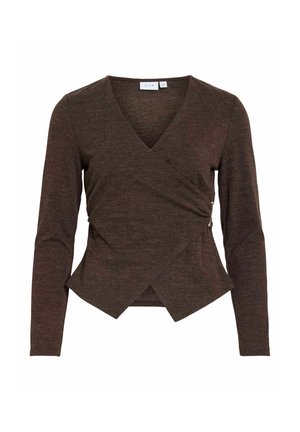 Donkerbruin langarm overslagtopje met V-hals, getailleerde taille en asymmetrische zoom met decoratieve knopen aan de rechterkant.