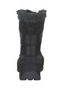 Zwarte winterlaars met een bontkraag, een huid met textuur, rubberen zool en een trekband, ontworpen voor isolatie en grip in koude omstandigheden.