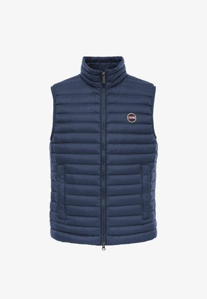 Marineblauw gewatteerd mouwloos vest met een rits aan de voorkant, een hoge kraag, twee zijzakken en een ronde "Colmar"-logo op de borst.