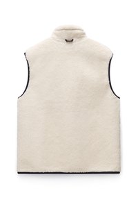 Fleeceväst, krämfärg, hög krage, ärmlös design, texturerad yta, svart kant längs kanterna, inga fickor.