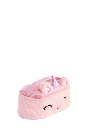 Estuche para lápices peludo rosa con una cara sonriente, ojos cerrados y un cuerno y orejas de unicornio brillantes en la parte superior.