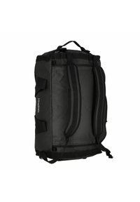 Borsa a duffel nera in tessuto resistente, con manici imbottiti doppi, spallacci regolabili e chiusura con zip. Design rettangolare compatto.