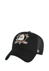 Gorra negra con el logo bordado de los Anaheim Ducks, que cuenta con una parte trasera de malla, visera curva y costuras de acento. El tejido texturizado proporciona un aspecto deportivo.