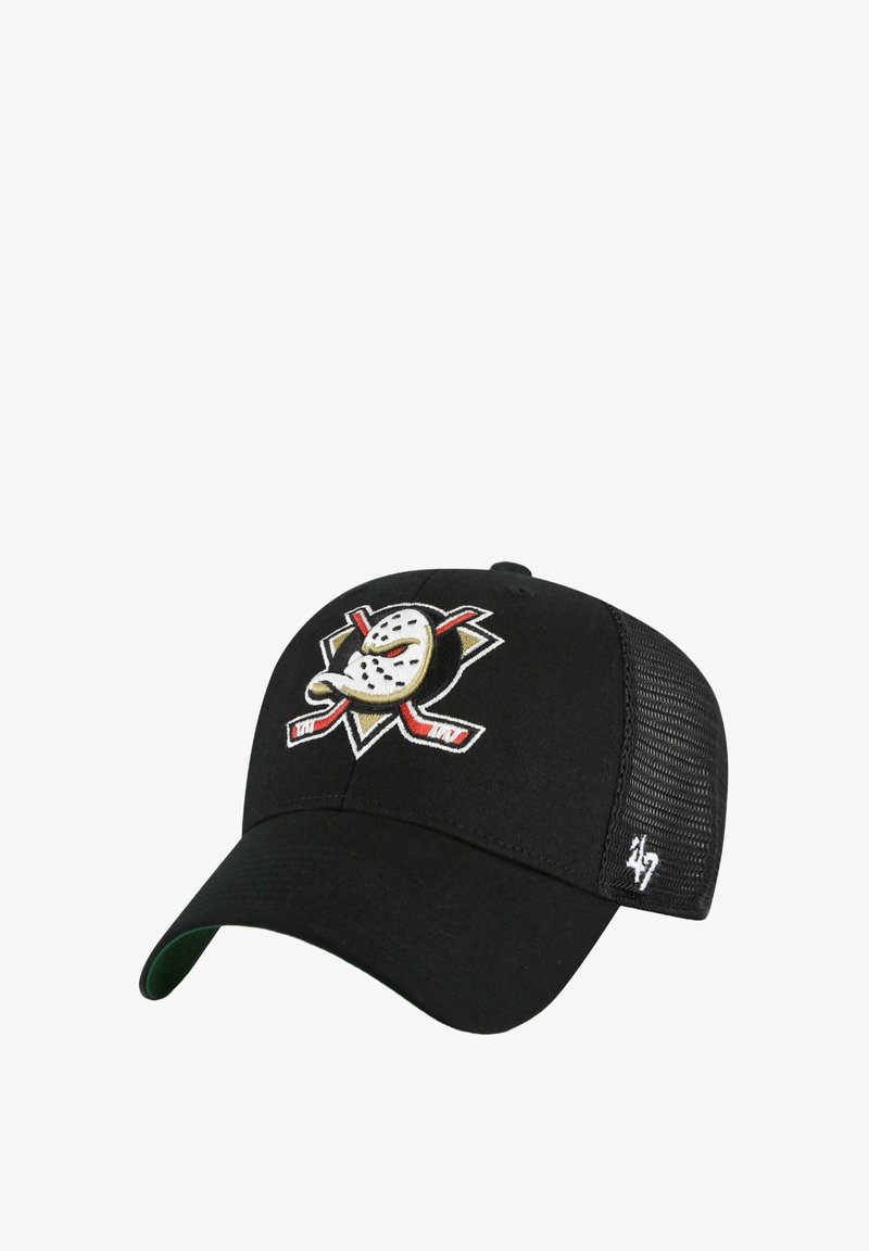Black cap with embroidered Anaheim Ducks logo, featuring a mesh back, curved brim, and accent stitching. Textured fabric provides a sporty look.