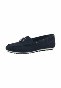 Tumesinine nahast loafers hõbedaste detailidega, stitchitud aktsentide ja valge kummitaldiga, millel on sujuv ja voolujooneline disain.