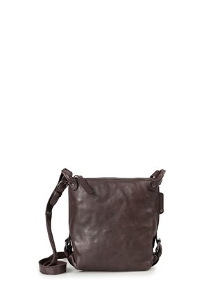 Dark brown leather crossbody bag with adjustable strap and top zipper closure, shown against a white background.