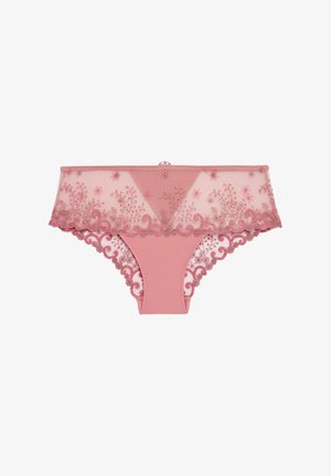 Rosa Spitzenhöschen mit Blumenstickerei, halbtransparentem Mesh am oberen Teil und solidem unteren Einsatz. Verfügt über gezackte Kanten und dekorative Akzente.