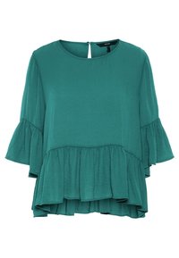 Blusa verde acqua con maniche corte a campana, scollatura rotonda e orlo arricciato. Presenta una chiusura a bottone sul retro e una texture morbida.