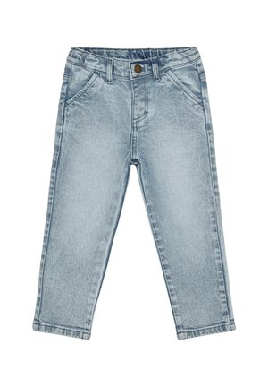 Lyseblå bukser til småbørn med elastisk taljebånd, forreste knap, bæltestropper og sidelommer, vist på hvid baggrund.