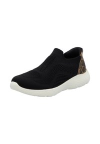 Black knit slip-on shoe with textured upper, white sole, and a leopard print accent at the heel. Lightweight and flexible design.
