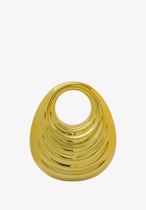 Guldfarvet keramisk vase med en glat, kurvet form og koncentriske spiral accenter, som har en central åbning øverst.