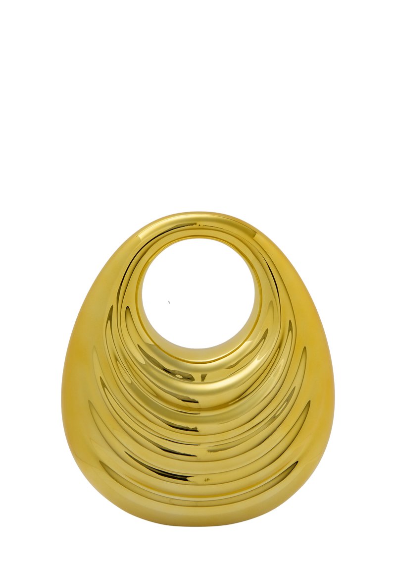 Guldfarvet keramisk vase med en glat, kurvet form og koncentriske spiral accenter, som har en central åbning øverst.