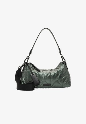 Quilted green shoulder bag in shiny material, featuring a black adjustable strap, silver hardware, and a logo tag.