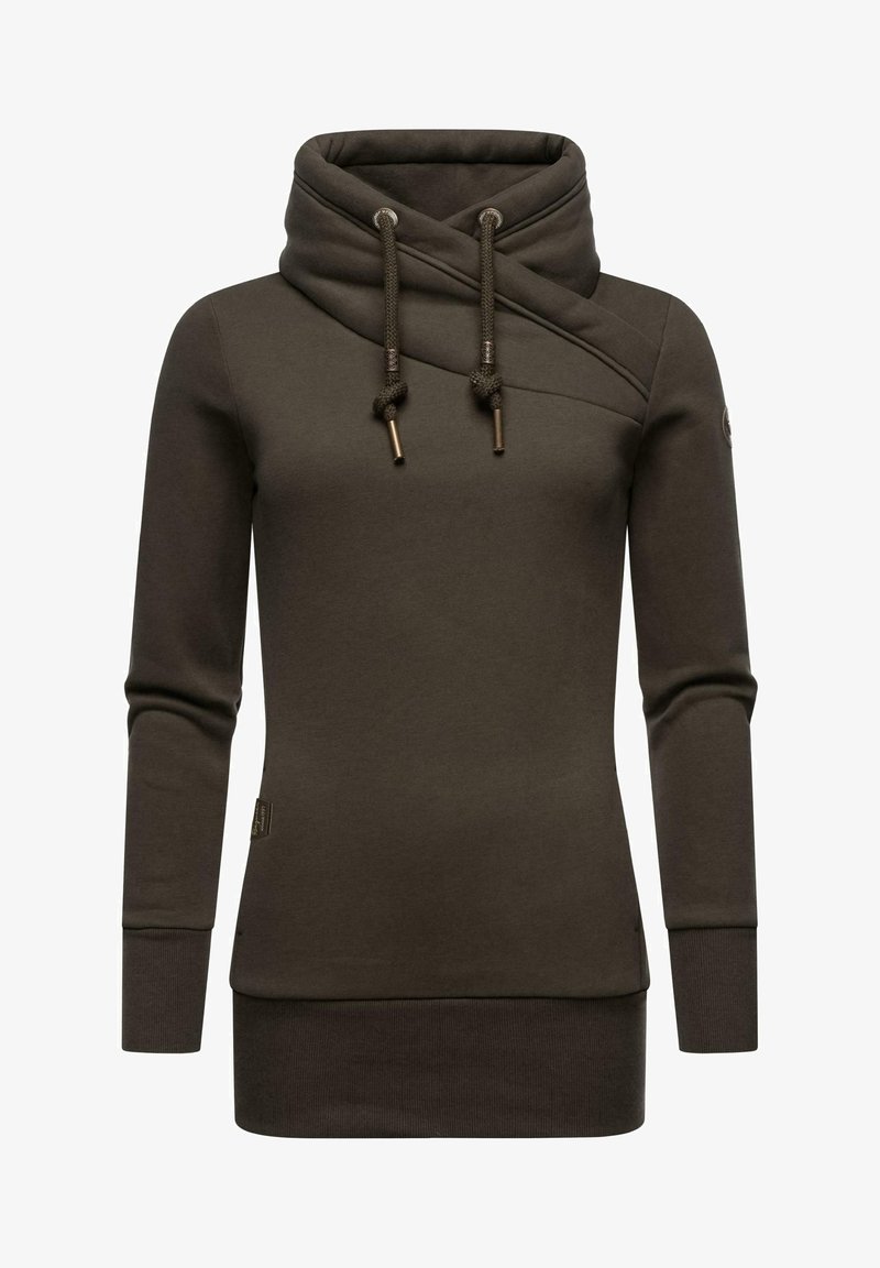 Olivgrön sweatshirt med cowl-hals, vridet design, snörning med metalltippar och ribbade ärmslut. Har en sidetikett.