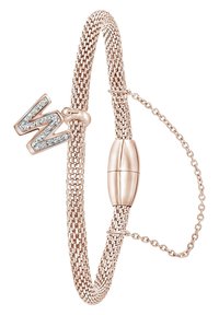 Rozen gouden mesh armband met een diamanten letter "W" bedel en een ronde sluiting. Verstelbare ketting voor maatvariatie.