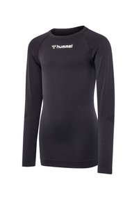 Zwart atletisch shirt met lange mouwen en ronde hals, gemaakt van gestructureerde stof, met een subtiel logo op de borst. Voorzien van stiksels langs de mouwen.