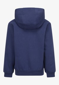 Sweatshirt azul-marinho feito de tecido macio, com capuz ajustável, punhos canelados e bainha na cintura. Textura suave sem padrões visíveis.