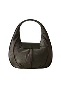 Green leather handbag with a structured, hobo shape, featuring a smooth flap closure and contrasting dark brown accents. Textured surface detail.