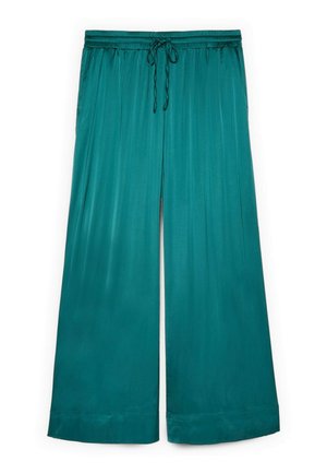 Teal bukser med vidde ben, elastisk talje og snøre, lavet af glat, flydende stof.