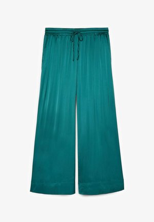 Türkisfarbene Weitbein-Hosen mit elastischem Bund und Kordelzug, aus glattem, fließendem Stoff.