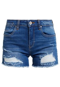 Shorts in denim con lavaggio blu, design a vita alta, orlo sfrangiato e strappi consumati sul davanti. Include tasche anteriori e bottone metallico.