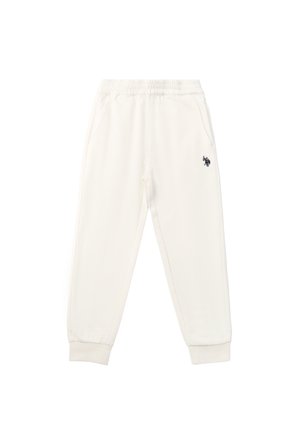 Pantaloni della tuta bianchi con girovita e polsini elastici, tasche laterali e un piccolo logo del giocatore ricamato in nero sulla coscia destra.