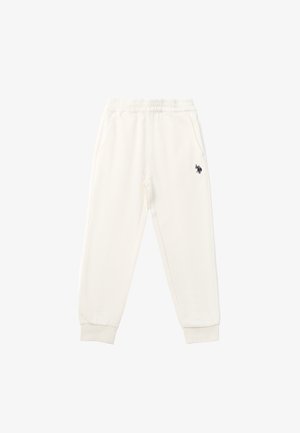 Pantaloni della tuta bianchi con girovita e polsini elastici, tasche laterali e un piccolo logo del giocatore ricamato in nero sulla coscia destra.