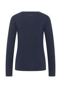 Langärmliges, navyblaues Baumwolloberteil mit einem runden Ausschnitt, einfarbigem Muster und einem dezenten Logo-Druck auf der Rückseite.