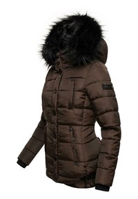 Brown puffer jacket features a black faux fur hood, zip and button closures, side pockets, and ribbed cuffs. Textured quilted design.