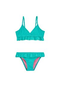 Turkizni bikini komplet z vrhnjim delom v obliki trikotnika z nabranim robom in tankimi pletenimi naramnicami, ujemajoče se naborkane hlačke z rožnatimi poudarki.